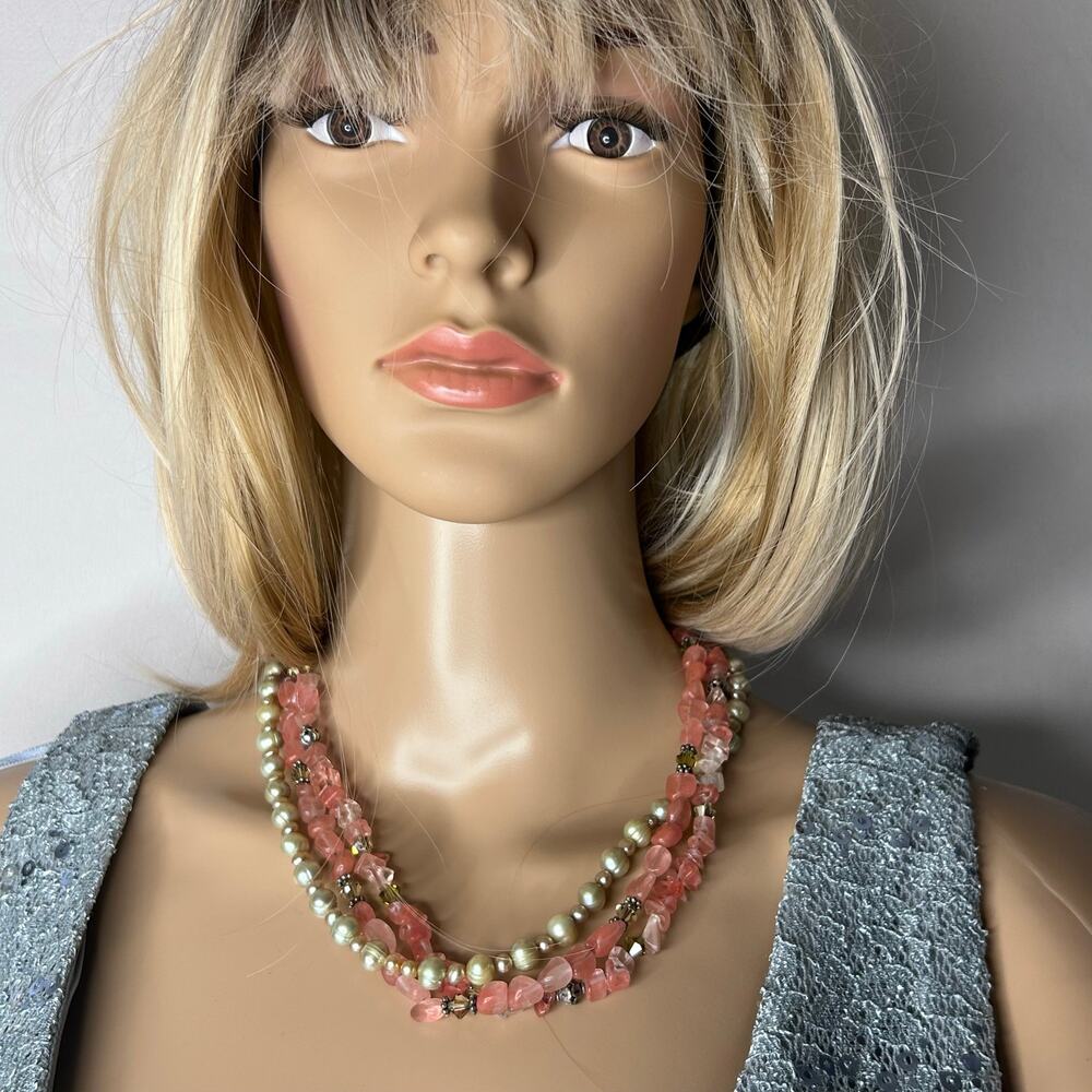OOAK Cherry Quartz Pearl Swarovski Crystal Multi Strand Necklace 18”